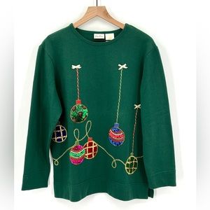 Bobbie Brooks Christmas Ornament Sequined Lightweight Sweatshirt L